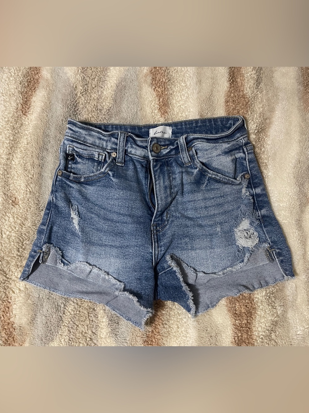 KanCan Medium Blue Distressed High-Rise Denim Shorts